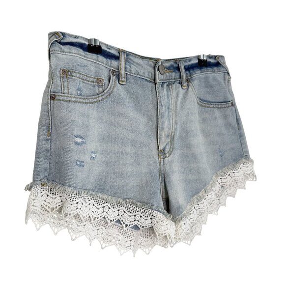 Free People Distressed Denim Lace-Trim Shorts, 26 - Picture 4 of 8